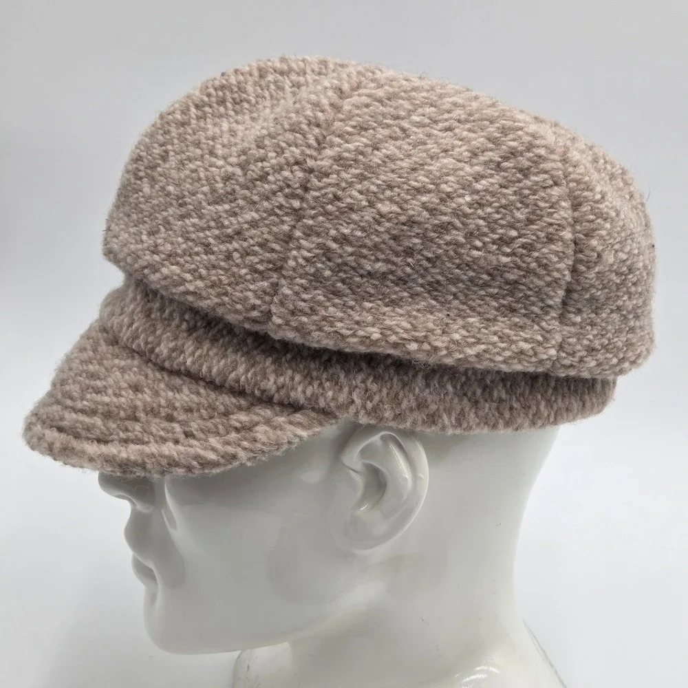 Bordoni Womens Newsboy Cap Beige Wool Blend Herringbone Made in Italy